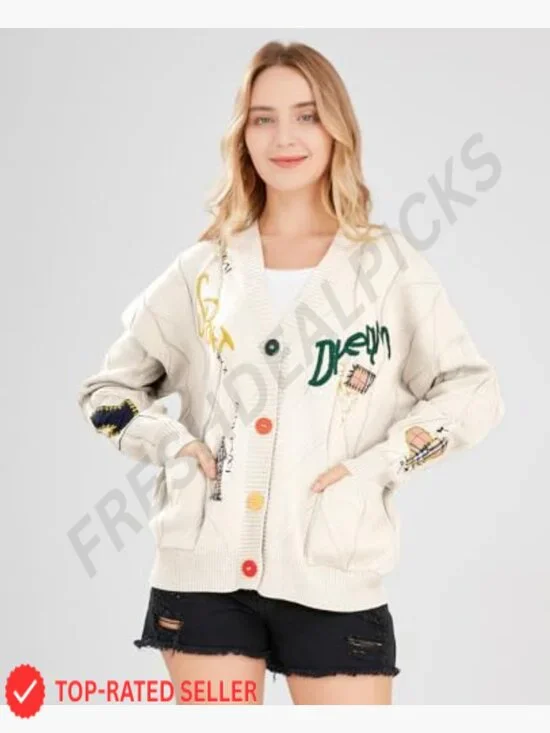 Chunky Cable Knit Cardigan Oversized V-Neck Open Front Embroidery Wool Blend - Picture 2 of 7